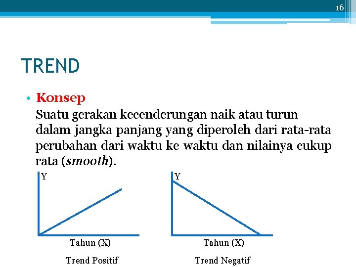 16 TREND • Konsep Suatu gerakan kecenderungan naik atau turun dalam jangka panjang yang