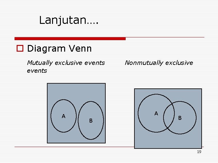 Lanjutan…. o Diagram Venn Mutually exclusive events A Nonmutually exclusive A B B 19