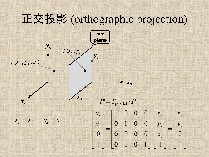 正交投影 (orthographic projection) yv view plane P(xs , ys) P(xv , yv , zv)