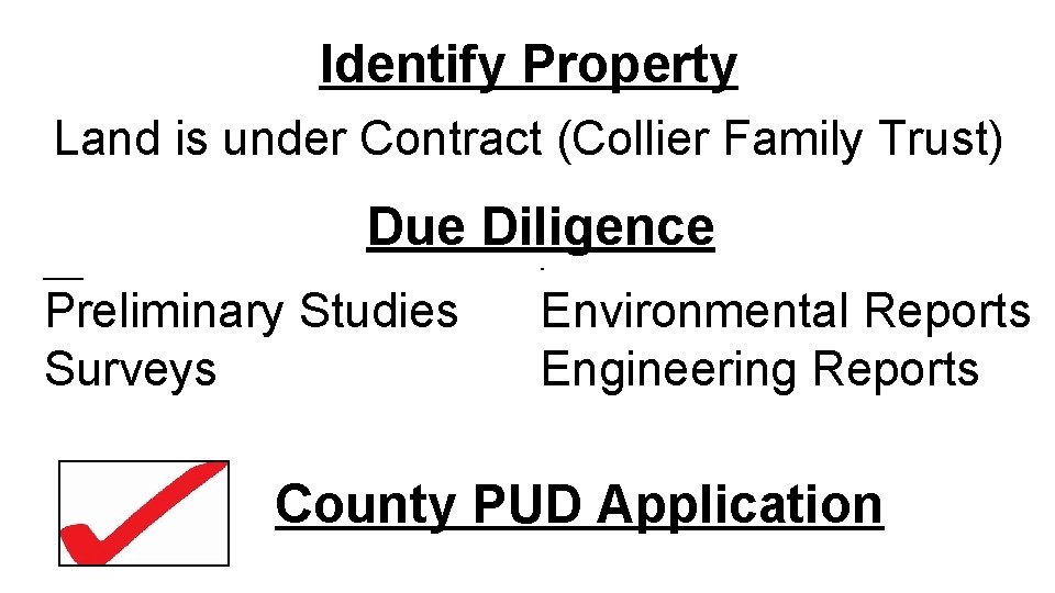 Identify Property Land is under Contract (Collier Family Trust) Due Diligence Preliminary Studies Environmental