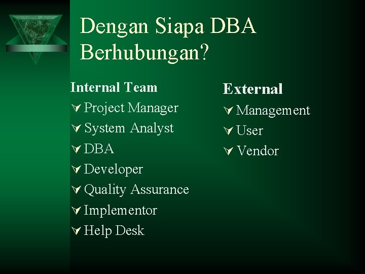 Dengan Siapa DBA Berhubungan? Internal Team Ú Project Manager Ú System Analyst Ú DBA