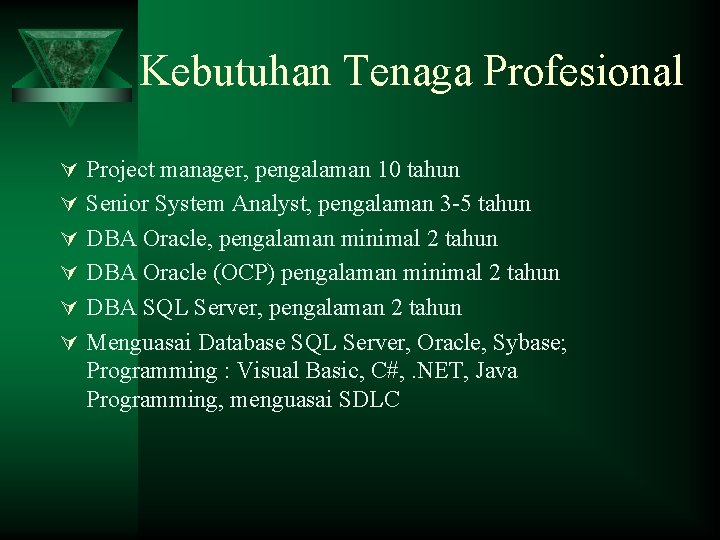 Kebutuhan Tenaga Profesional Ú Project manager, pengalaman 10 tahun Ú Senior System Analyst, pengalaman