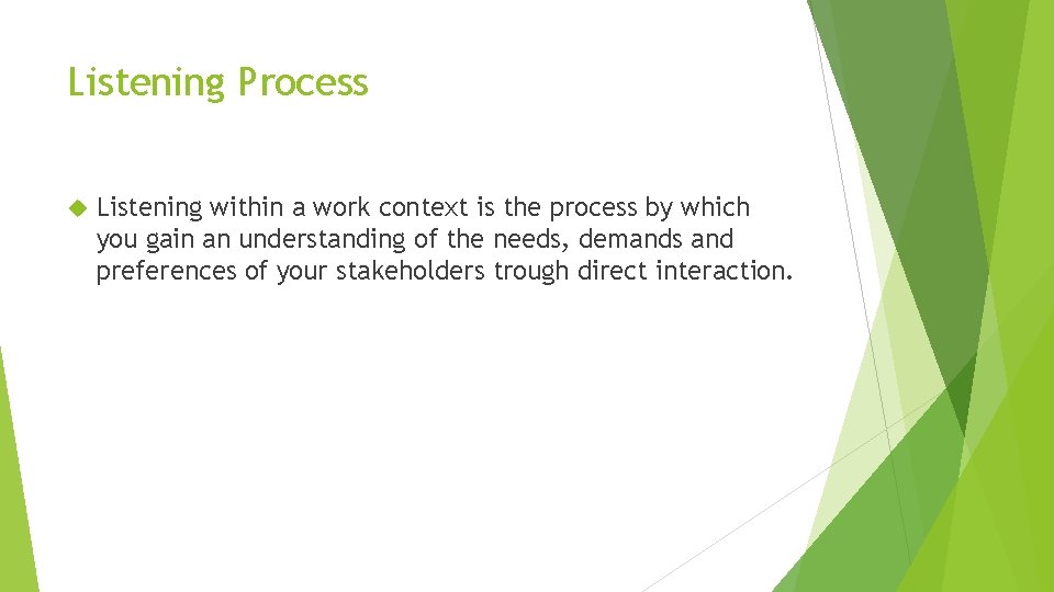 Listening Process Listening within a work context is the process by which you gain