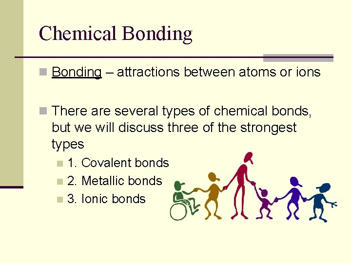 Chemical Bonding n Bonding – attractions between atoms or ions n There are several