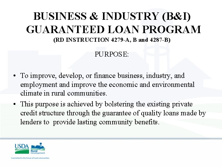 BUSINESS & INDUSTRY (B&I) GUARANTEED LOAN PROGRAM (RD INSTRUCTION 4279 -A, B and 4287