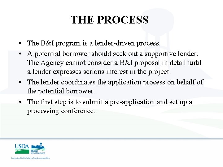 THE PROCESS • The B&I program is a lender-driven process. • A potential borrower