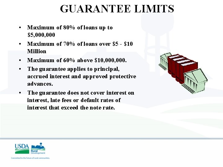 GUARANTEE LIMITS • Maximum of 80% of loans up to $5, 000 • Maximum