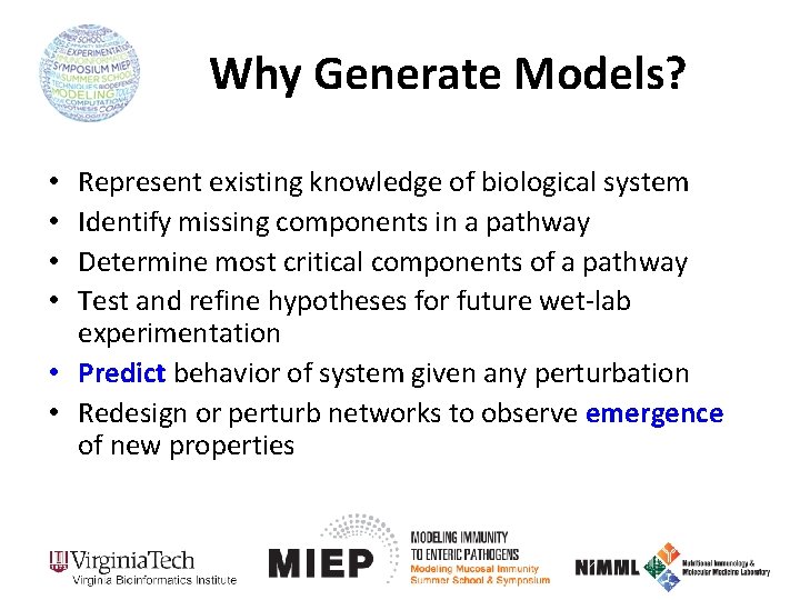 Why Generate Models? Represent existing knowledge of biological system Identify missing components in a