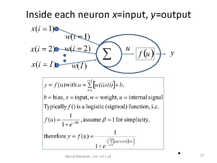 Inside each neuron x=input, y=output Neural Networks. , ver. v. 0. 1. e 2