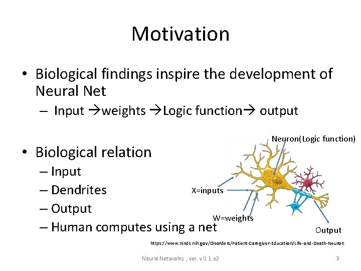 Motivation • Biological findings inspire the development of Neural Net – Input weights Logic