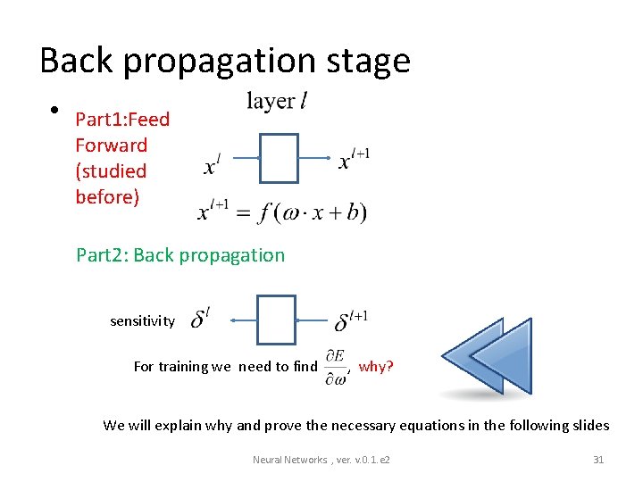 Back propagation stage • Part 1: Feed Forward (studied before) Part 2: Back propagation