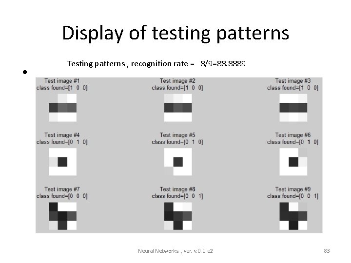 Display of testing patterns • Testing patterns , recognition rate = 8/9=88. 8889 Neural