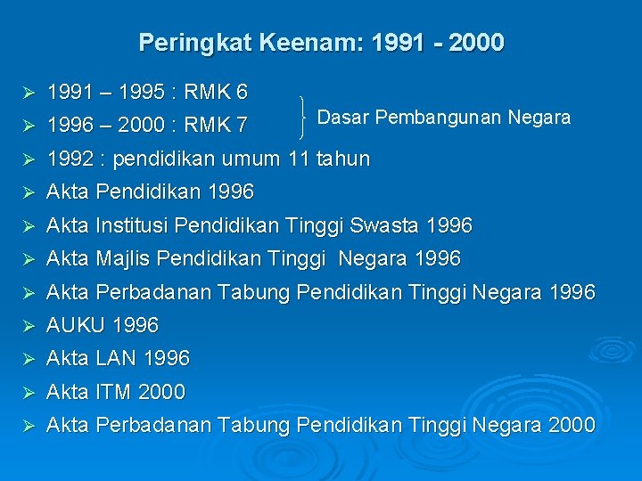 Peringkat Keenam: 1991 - 2000 Ø 1991 – 1995 : RMK 6 Ø 1996