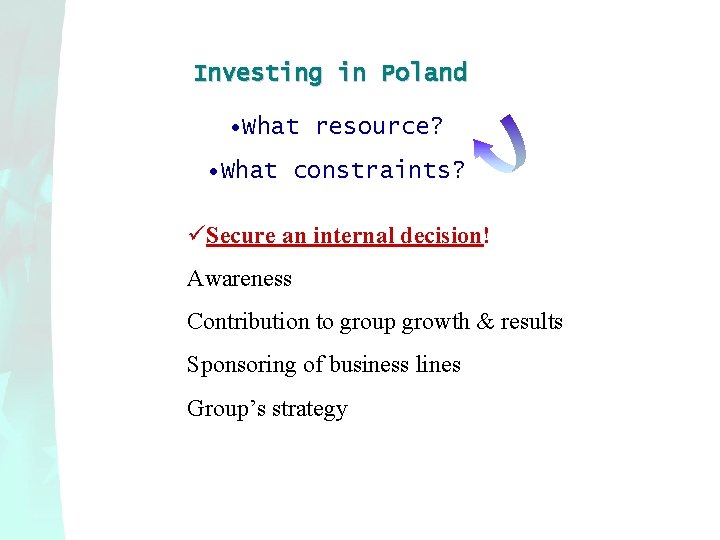 Investing in Poland • What resource? • What constraints? üSecure an internal decision! Awareness