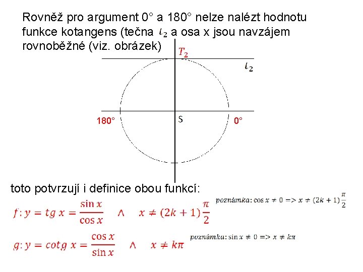 Rovněž pro argument 0° a 180° nelze nalézt hodnotu funkce kotangens (tečna a osa