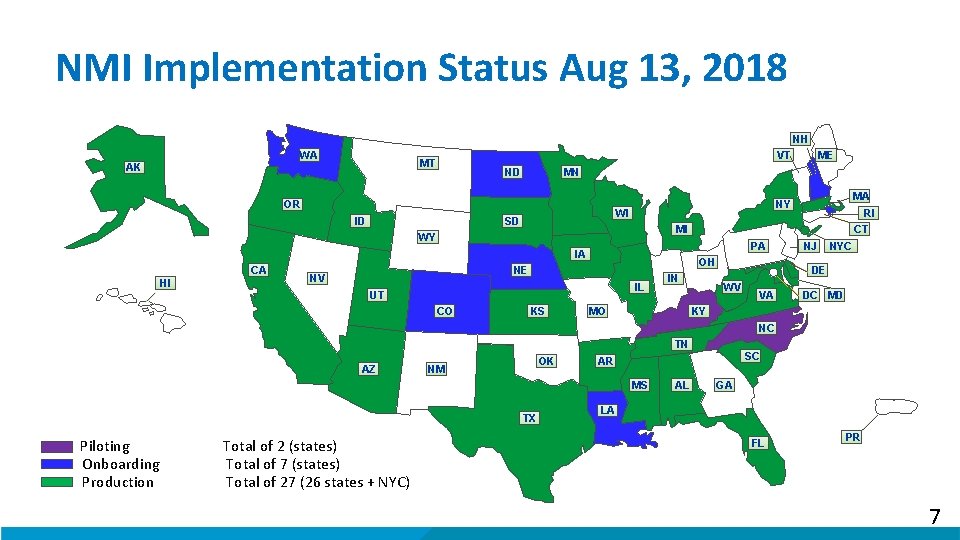 NMI Implementation Status Aug 13, 2018 NH WA VT MT AK MN ND OR