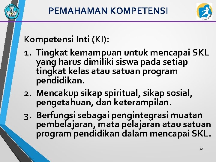 PEMAHAMAN KOMPETENSI Kompetensi Inti (KI): 1. Tingkat kemampuan untuk mencapai SKL yang harus dimiliki