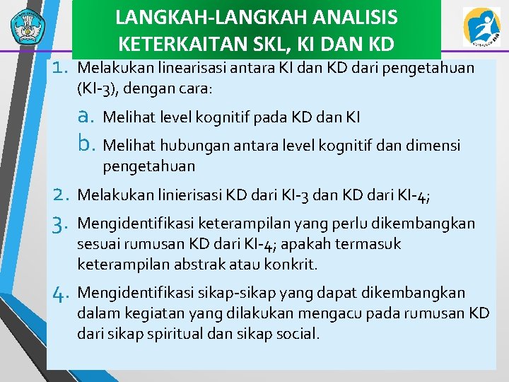 1. LANGKAH-LANGKAH ANALISIS KETERKAITAN SKL, KI DAN KD Melakukan linearisasi antara KI dan KD