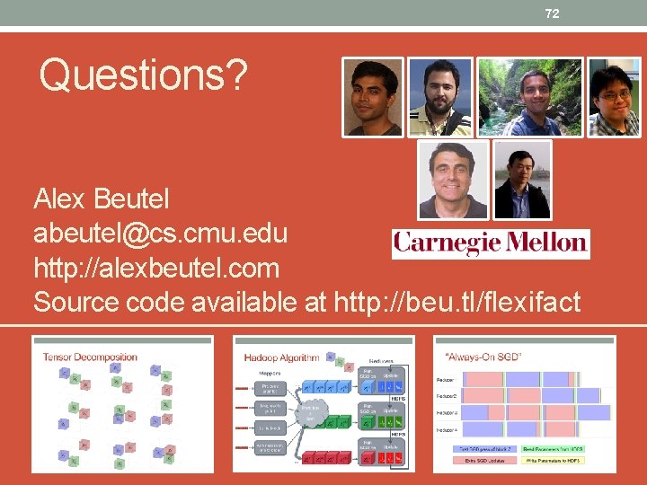 72 Questions? Alex Beutel abeutel@cs. cmu. edu http: //alexbeutel. com Source code available at