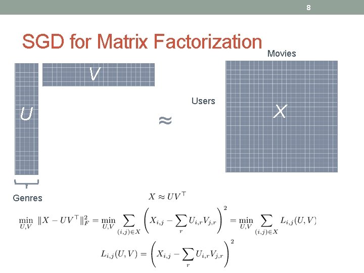 8 SGD for Matrix Factorization Movies V U Genres Users ≈ X 