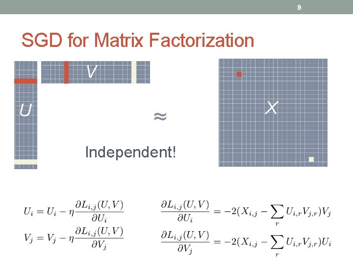 9 SGD for Matrix Factorization V U ≈ Independent! X 