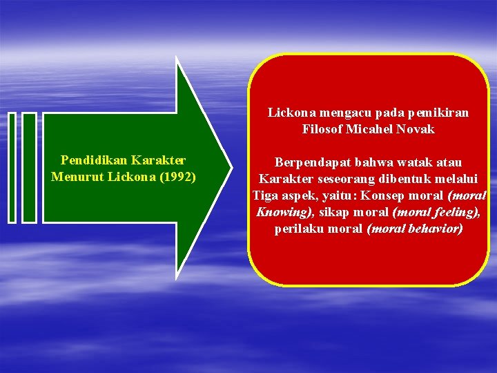 Lickona mengacu pada pemikiran Filosof Micahel Novak Pendidikan Karakter Menurut Lickona (1992) Berpendapat bahwa