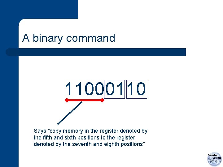 A binary command 11000110 Says “copy memory in the register denoted by the fifth