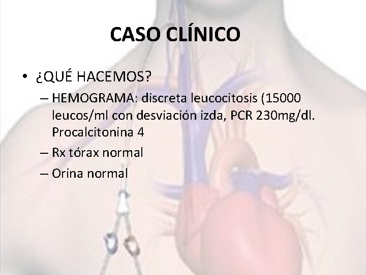 CASO CLÍNICO • ¿QUÉ HACEMOS? – HEMOGRAMA: discreta leucocitosis (15000 leucos/ml con desviación izda,