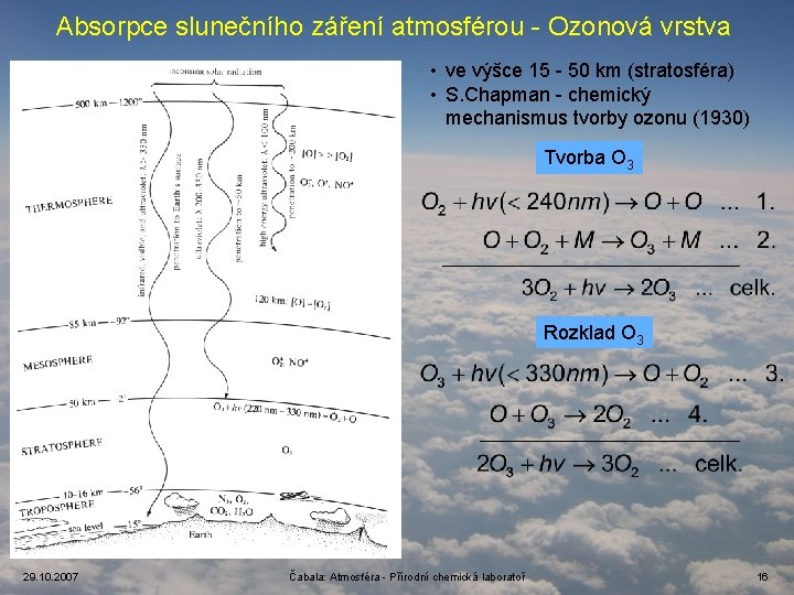 Absorpce slunečního záření atmosférou - Ozonová vrstva • ve výšce 15 - 50 km