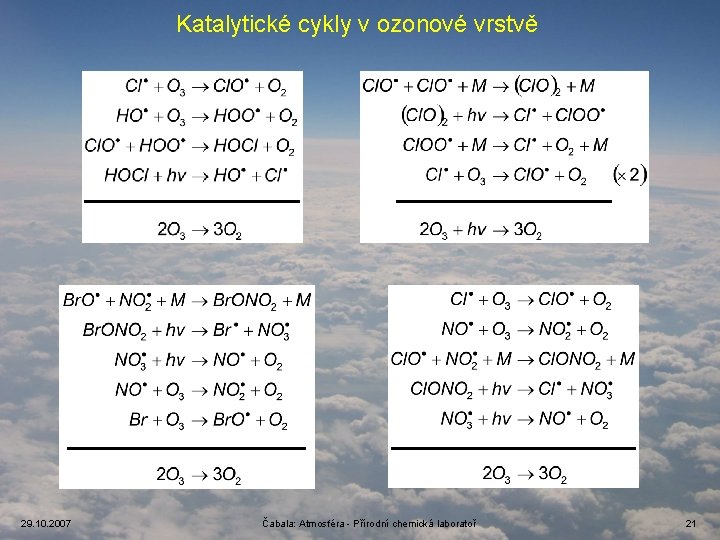 Katalytické cykly v ozonové vrstvě 29. 10. 2007 Čabala: Atmosféra - Přírodní chemická laboratoř