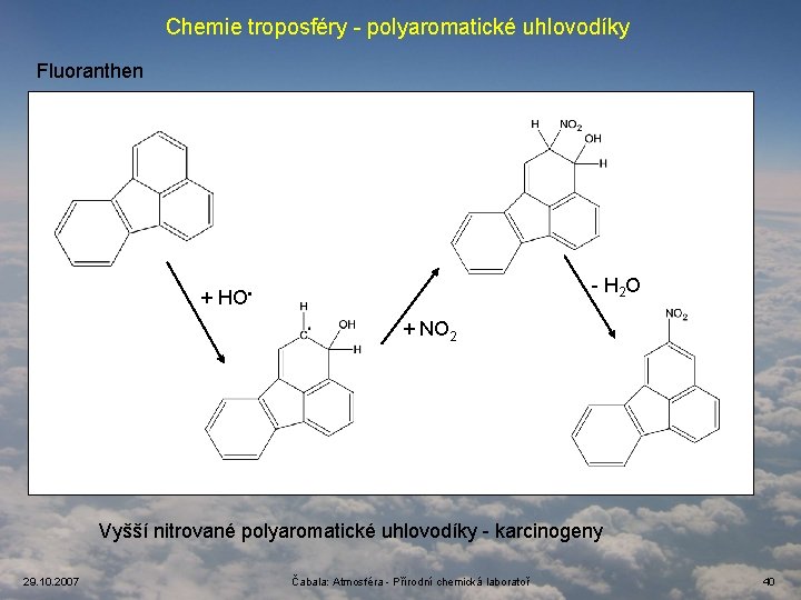 Chemie troposféry - polyaromatické uhlovodíky Fluoranthen - H 2 O + HO • +