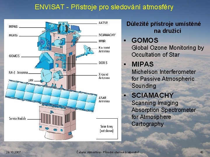 ENVISAT - Přístroje pro sledování atmosféry Důležité přístroje umístěné na družici • GOMOS Global