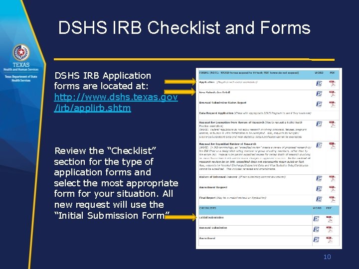 DSHS IRB Checklist and Forms DSHS IRB Application forms are located at: http: //www.