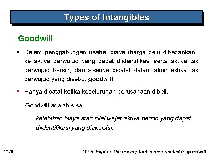 Types of Intangibles Goodwill § Dalam penggabungan usaha, biaya (harga beli) dibebankan, , ke