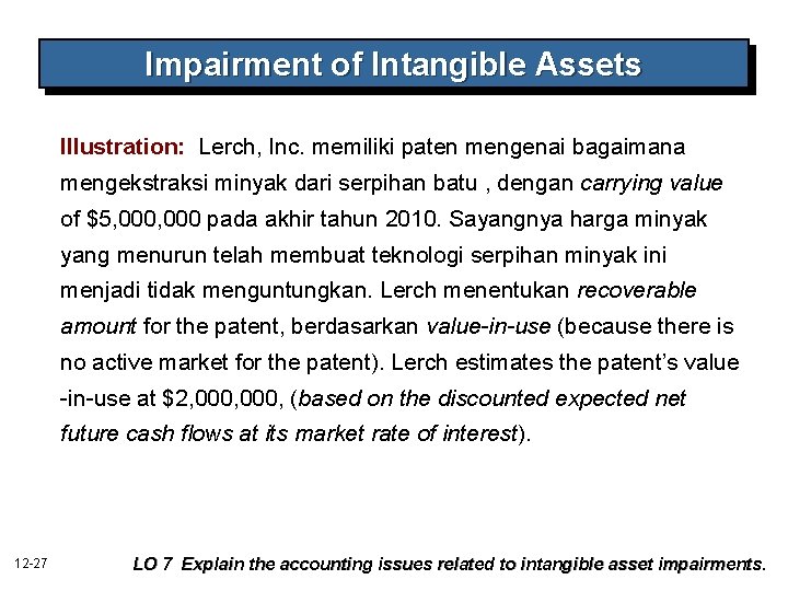 Impairment of Intangible Assets Illustration: Lerch, Inc. memiliki paten mengenai bagaimana mengekstraksi minyak dari