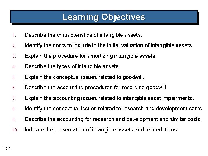 Learning Objectives 12 -3 1. Describe the characteristics of intangible assets. 2. Identify the