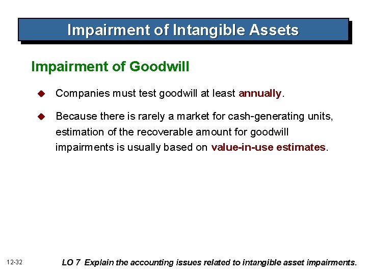 Impairment of Intangible Assets Impairment of Goodwill 12 -32 u Companies must test goodwill