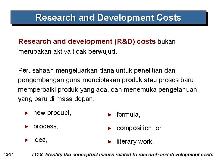 Research and Development Costs Research and development (R&D) costs bukan merupakan aktiva tidak berwujud.