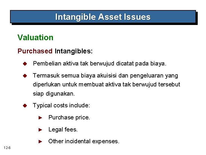 Intangible Asset Issues Valuation Purchased Intangibles: u Pembelian aktiva tak berwujud dicatat pada biaya.