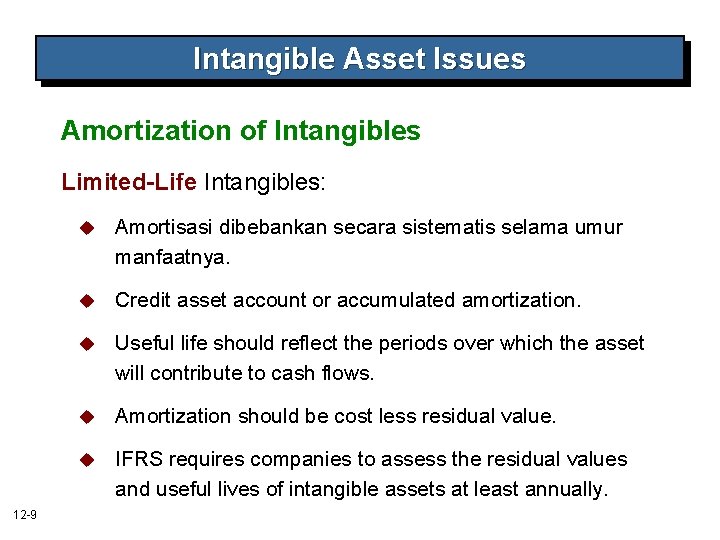 Intangible Asset Issues Amortization of Intangibles Limited-Life Intangibles: 12 -9 u Amortisasi dibebankan secara