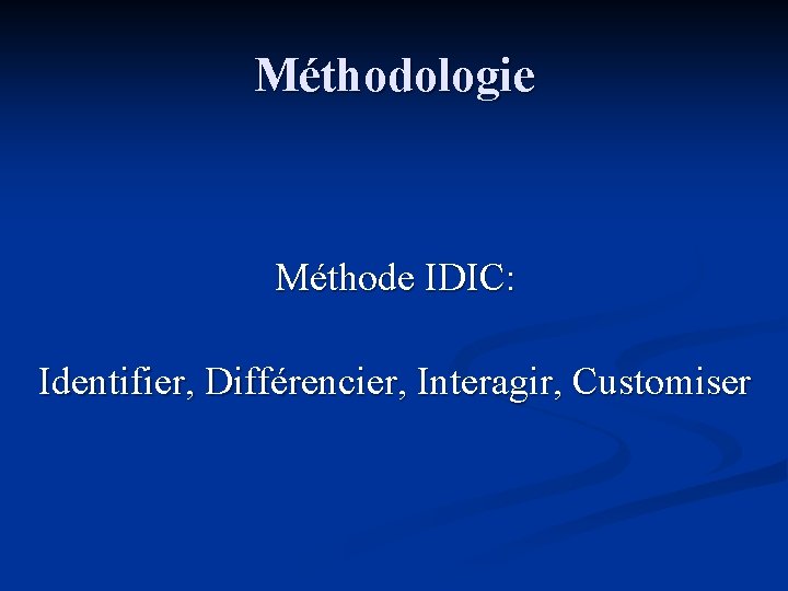 Méthodologie Méthode IDIC: Identifier, Différencier, Interagir, Customiser Méthodologie Méthode IDIC: Identifier, Différencier, Interagir, Customiser