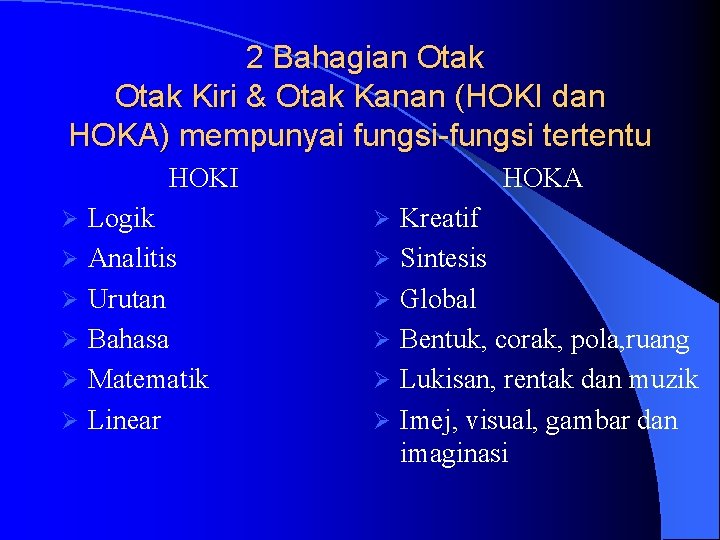 2 Bahagian Otak Kiri & Otak Kanan (HOKI dan HOKA) mempunyai fungsi-fungsi tertentu HOKI
