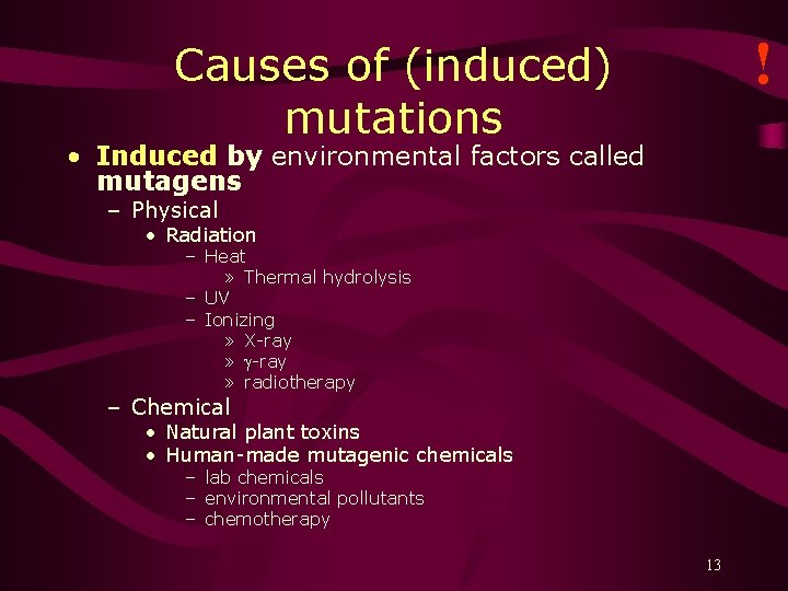 ! Causes of (induced) mutations • Induced by environmental factors called mutagens – Physical