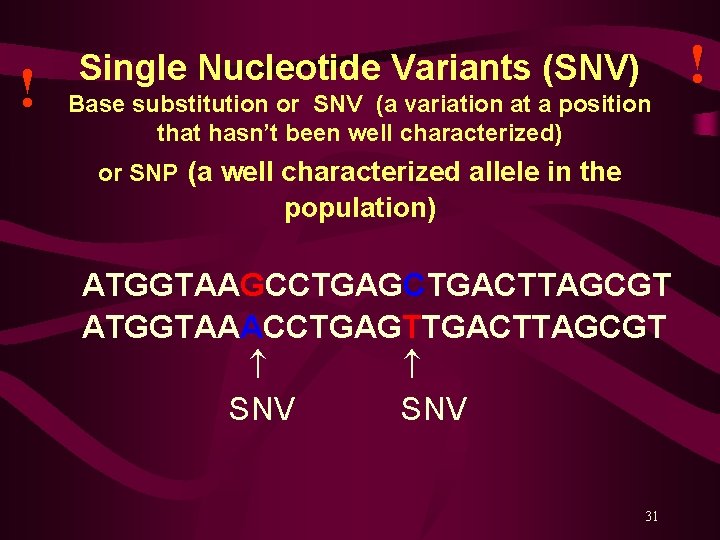 ! Single Nucleotide Variants (SNV) Base substitution or SNV (a variation at a position