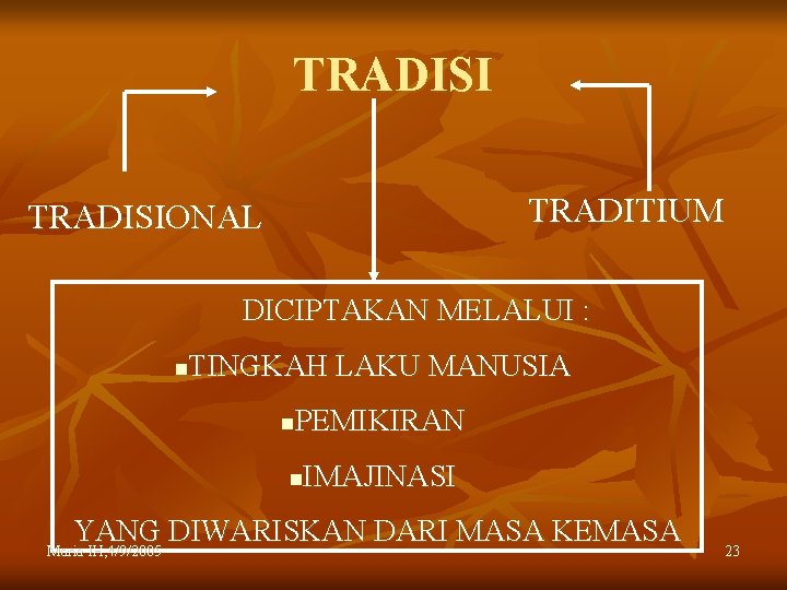 TRADISI TRADITIUM TRADISIONAL DICIPTAKAN MELALUI : TINGKAH LAKU MANUSIA n PEMIKIRAN n IMAJINASI n