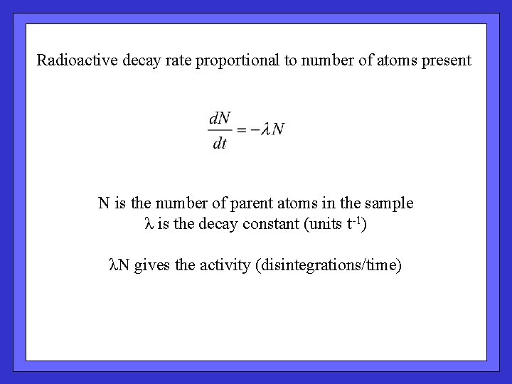 Decay rate Radioactive decay rate proportional to number of atoms present N is the