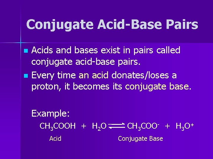 Conjugate Acid-Base Pairs n n Acids and bases exist in pairs called conjugate acid-base