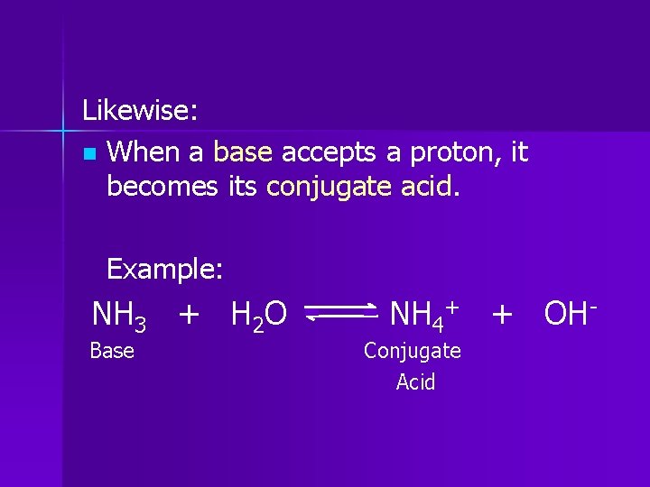 Likewise: n When a base accepts a proton, it becomes its conjugate acid. Example: