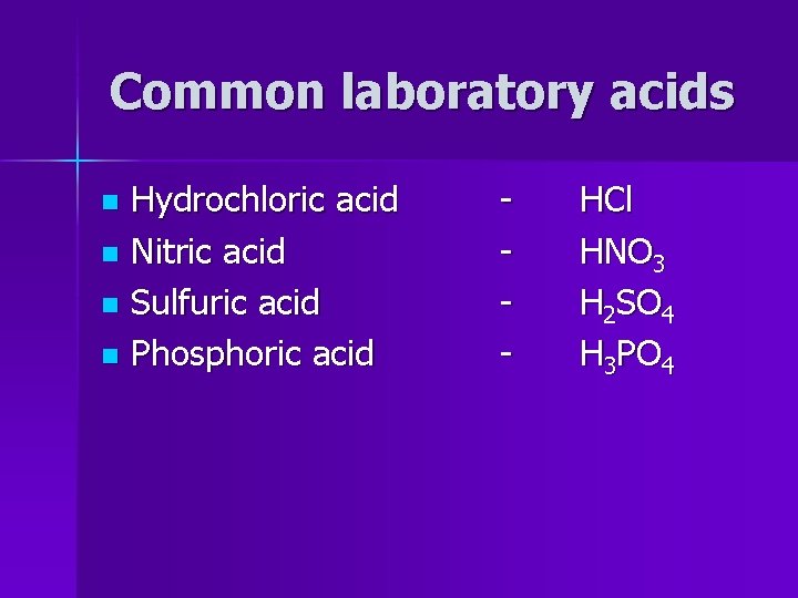 Common laboratory acids Hydrochloric acid n Nitric acid n Sulfuric acid n Phosphoric acid