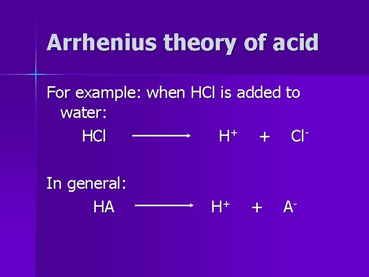 Arrhenius theory of acid For example: when HCl is added to water: HCl H+